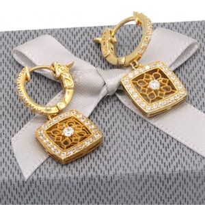 925 Sterling Silver Elegant Filigree 14k Gold Finish Square Dangle Earrings SALE